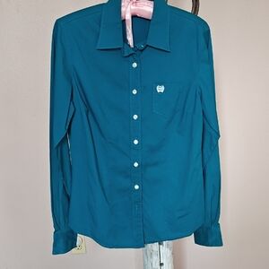Cinch Teal Button Down Shirt for Women